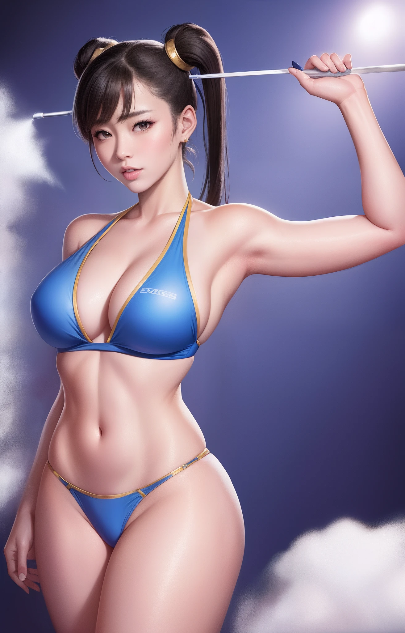 A realistic image from Chun Li Hentai of a woman in a blue bikini and a blue top, chun li at the gym, Chun Li, Chun-Li, Chun - Li, Retrato de Chun - Li, Retrato de Chun Li, Artgerm extremamente detalhado, gama murata e Artgerm, como Artgerm, Deusa japonesa, Artgerm. High detail
