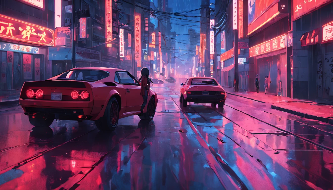 tmasterpiece, best qualityer, cinematic Film still from, A turning car, Neon red, walking down a road