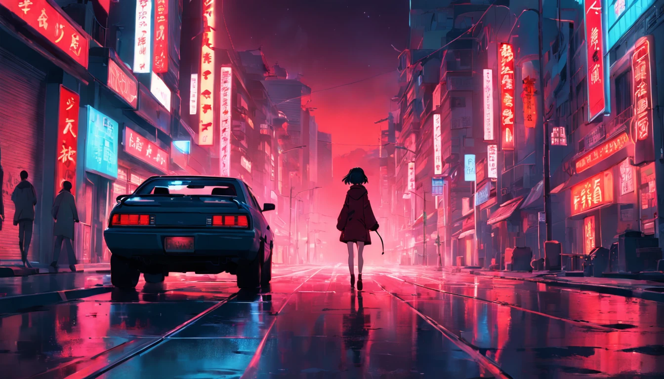tmasterpiece, best qualityer, cinematic Film still from, A turning car, Neon red, walking down a road