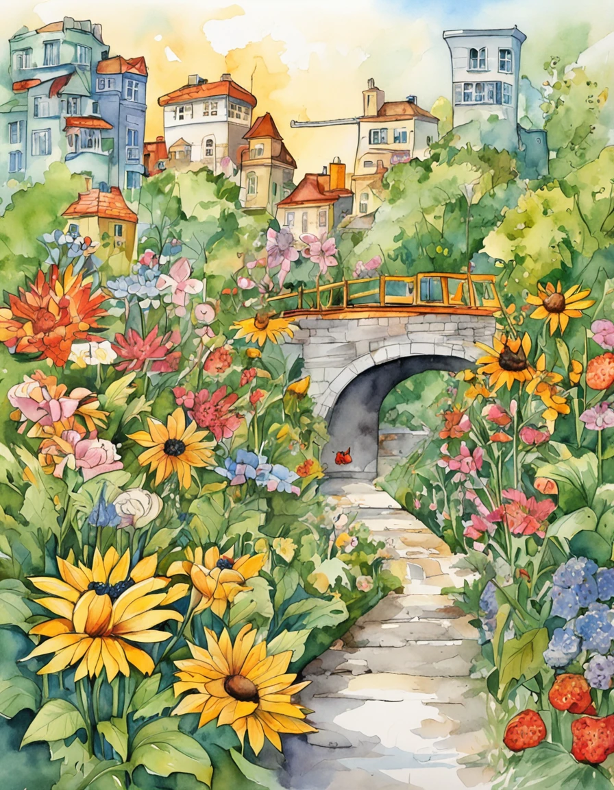 an illustration of a bridge and the city with lots of flowers, in the style of vivid comic book artist, the new york school, robert munsch, conceptual street art, cinestill 50d, naturalistic depictions of flora and fauna, playful cartoons