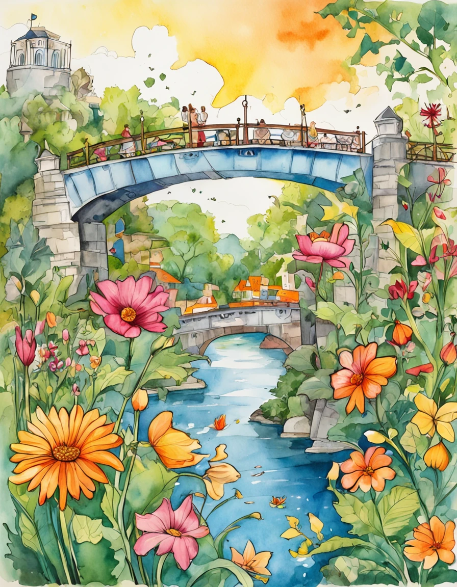 an illustration of a bridge and the city with lots of flowers, in the style of vivid comic book artist, the new york school, robert munsch, conceptual street art, cinestill 50d, naturalistic depictions of flora and fauna, playful cartoons
