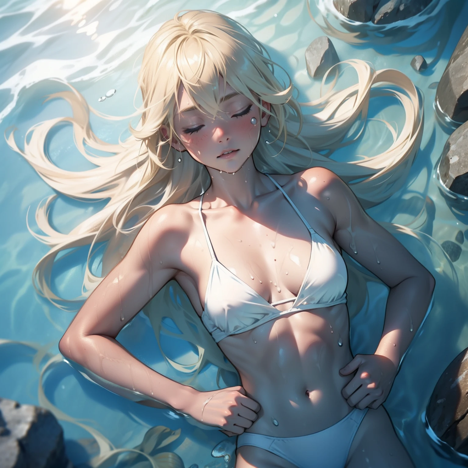 Blonde girl floating in sea water,ite girl in,Are sleeping,Floating in the sea,Red face,Sweating,Immersed in the sea,flat chest,tight-fitting clothes,White Bikini,The hair is disheveled,Deep sea,Wet,Strong sunlight,Water droplets,