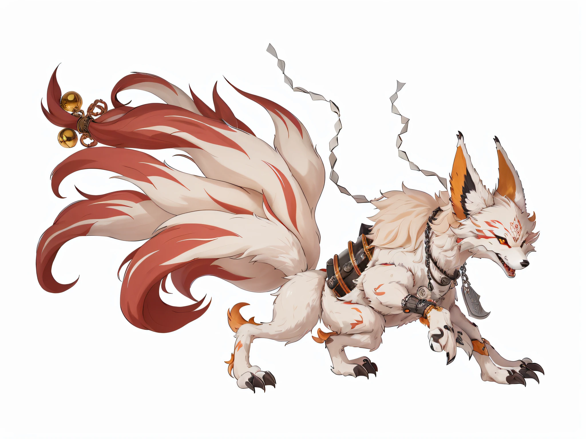 There is a painting of a furry animal,A chain hangs around his neck, Nine tails, kitsune three - tailed fox, three - tailed fox, kitsune inspired armor, fox nobushi, Kitsune, mizutsune, ethereal fox, anatomically correct vulpine, as a badass monster hunter, gorgeous werefox fursona, Onmyoji detailed art