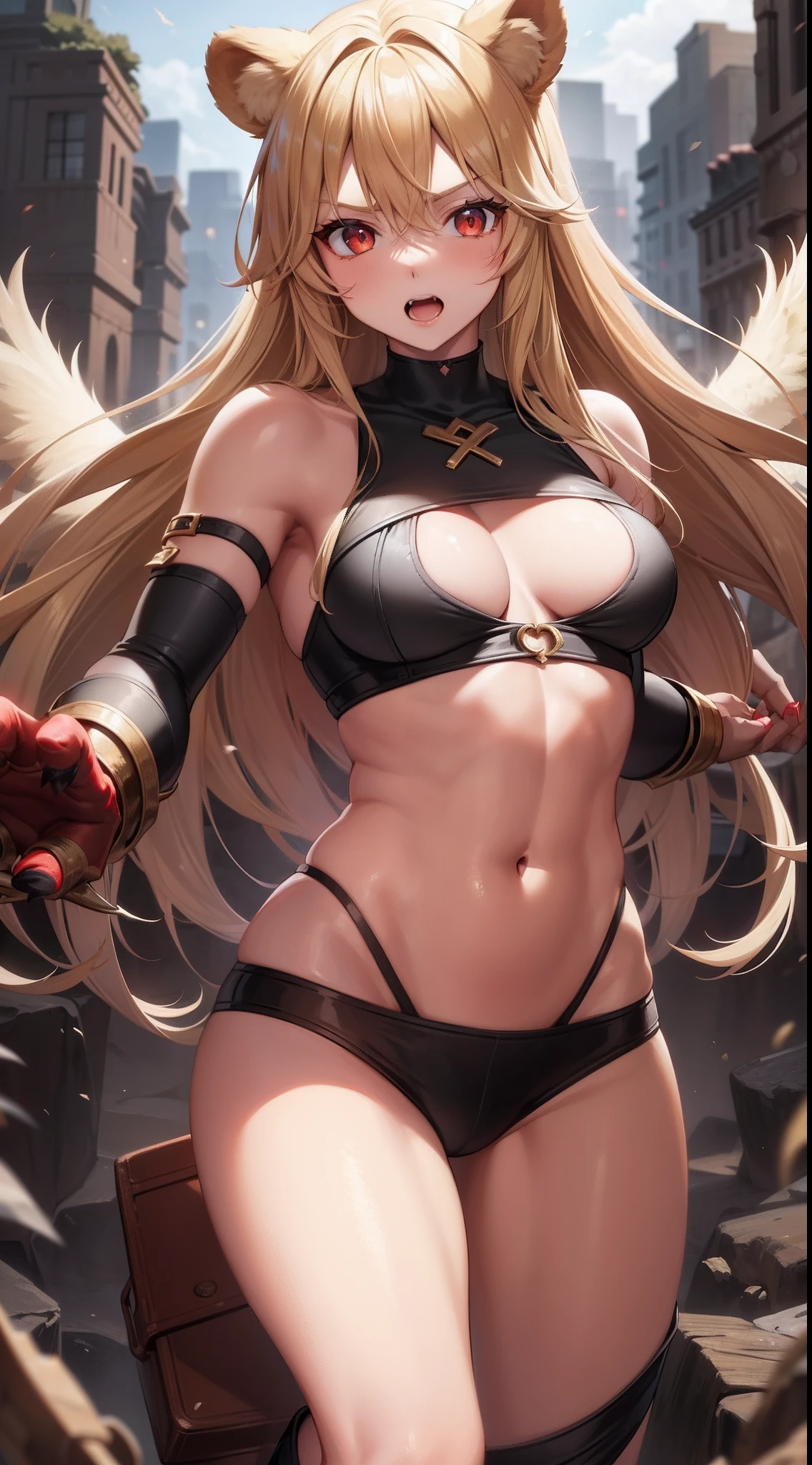 adult girl, longue blonde hair, red eyes, Bear ears, musculature, Scars, open belly, Brown Barbarian Top, Barbarian pants, claws, combat pose, Rage, wings, bear, Masterpiece, hiquality