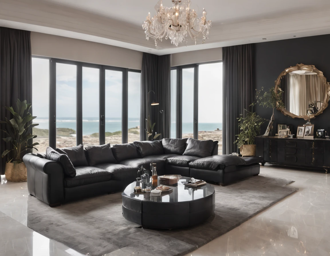 The black-haired man sat on a leather sofa with his back,Back Shadow,Watch TV shows,Spacious and bright living room,Floor-to-ceiling windows with stunning beach views,Chandelier hanging,Illuminate the marble floor,Realistic graphics,The wide-angle vision is stunning。