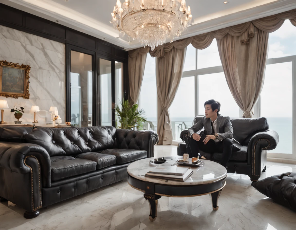 The black-haired man sat on a leather sofa with his back,Back Shadow,Watch TV shows,Spacious and bright living room,Floor-to-ceiling windows with stunning beach views,Chandelier hanging,Illuminate the marble floor,Realistic graphics,The wide-angle vision is stunning。