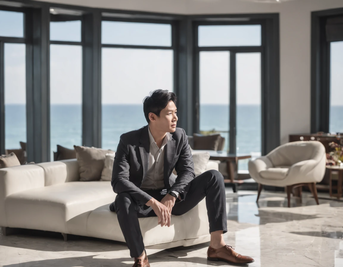 The black-haired man sat on a leather sofa with his back,Back Shadow,Watch TV shows,Spacious and bright living room,Floor-to-ceiling windows with stunning beach views,Chandelier hanging,Illuminate the marble floor,Realistic graphics,The wide-angle vision is stunning。