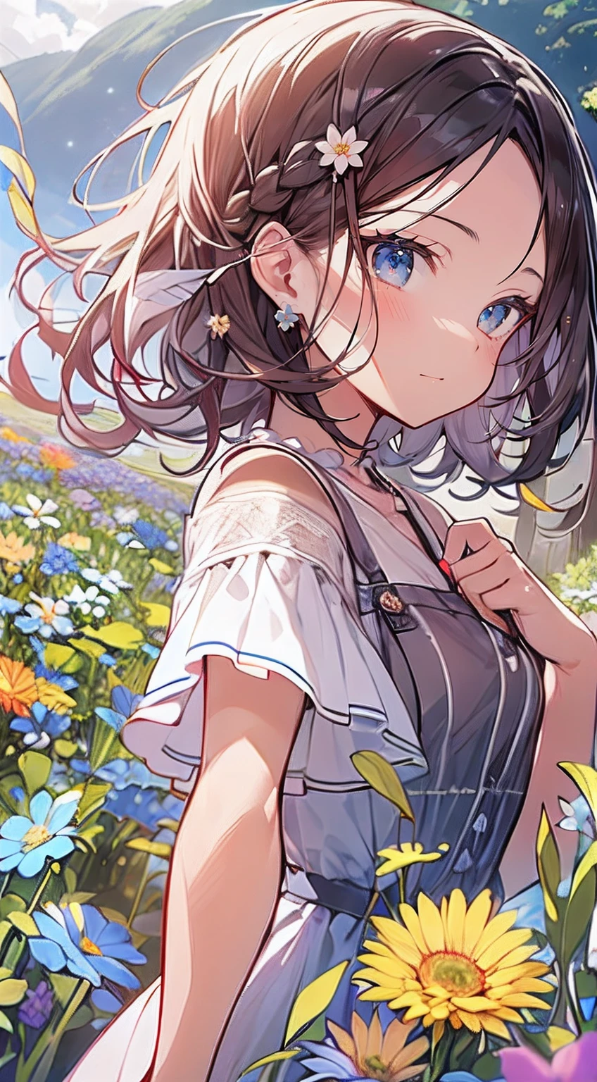 masutepiece, Best Quality,Illustration, Wallpaper, Ultra Detail, Absurd beauty、1 beautiful girl、 (Medium Short-Cut Hair、short braided hair), Beautiful ultra-detailed eyes , Hair fluttering in the wind、Keep your head small、flower  field、great outdoors、Landscape of the flower garden