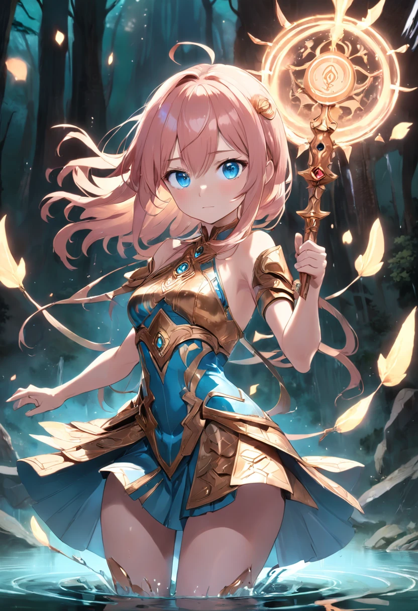 girl with blue eyes, and rose gold hair with a fantasy themed dress for adventure and combat adorned with rosegold accents with the gil using a magic array to summon a large golden glowing blade in a shallow pond.