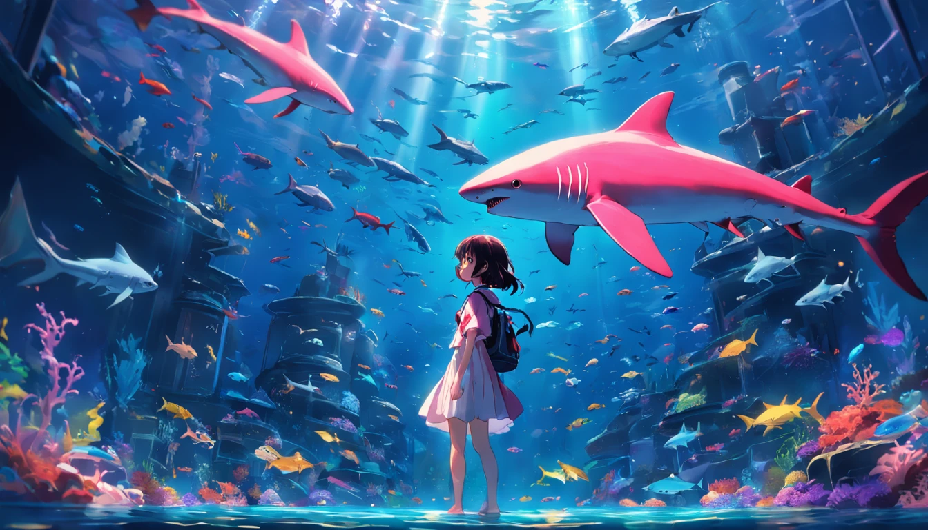 a cute girl shark, trapped inside a UFO catcher machine, being caught by the UFO, panicking and flailing her arms and legs