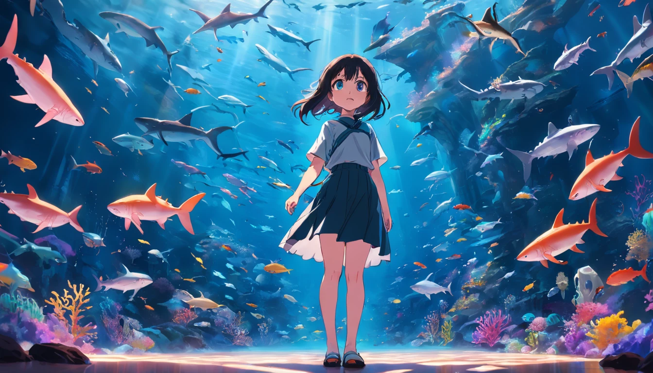 Girl standing in aquarium、the shark、ocean floor、coloured with lots of colour、Brilliant light、