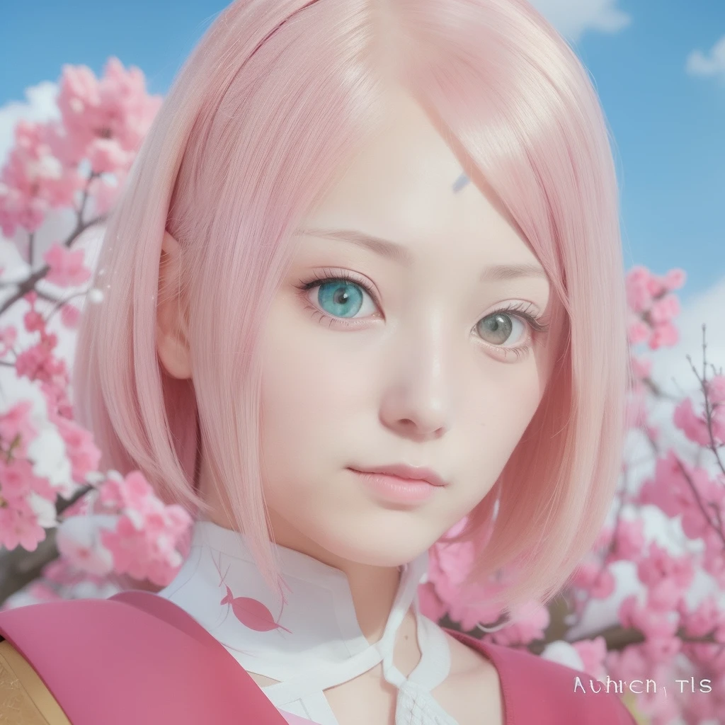 Sakura uchiha. A woman was in the park. She looked like she was wearing a red cedar. She had short, pink hair that she didn't tie up. He had the white complexion of snow. With her rosy cheeks and her tiny pink lips. He looked gently at the camera. Looking so pretty and realistic