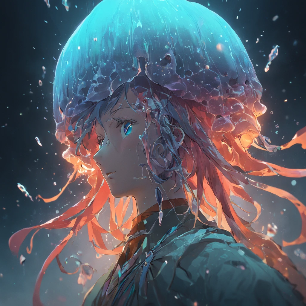 A spirit man half-turned into a jellyfish, Unreal Engine 5, Cinematic, Color grading, Portrait photography, Ultra-wide angle, Depth of field, Hyper-detailed, beautifully color-coded, insanely details, Intricate details, beautifully color-graded, illusory engine, editorial photography , photoshoot, Shot on 70mm lense, Depth of field, degrees of freedom, 32K, Hyper-Resolution