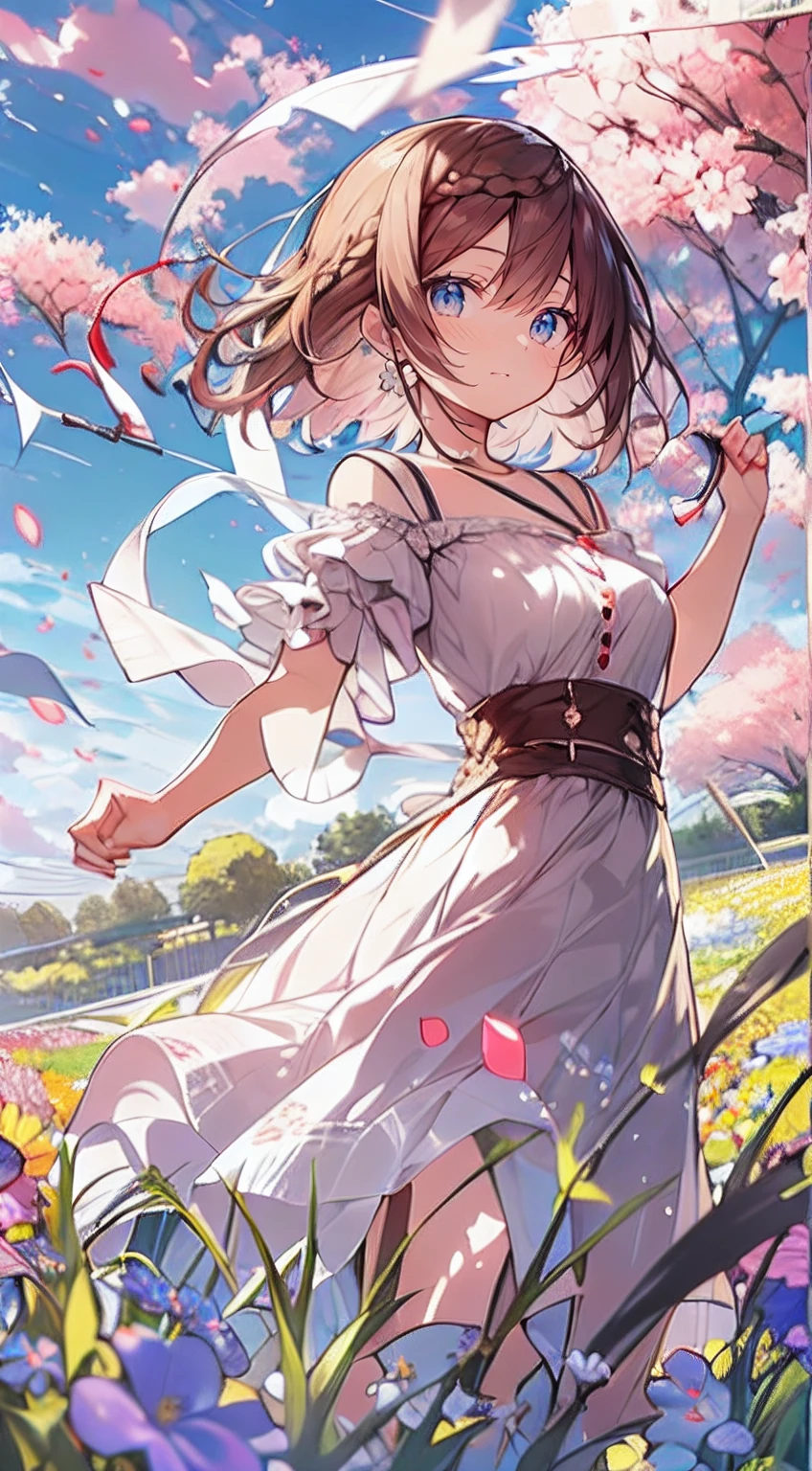A woman in a dress is standing in a field of flowers - SeaArt AI