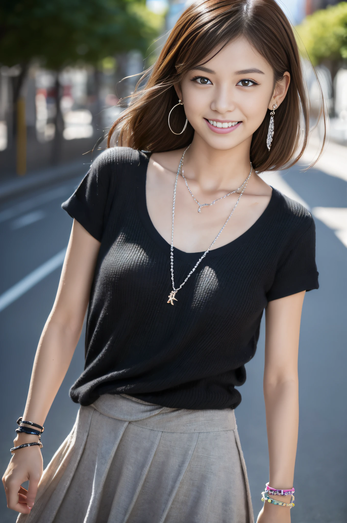 (Masterpiece:1.3), (8K, Photorealistic, Raw photography, Best Quality:1.4), (1girl), Beautiful face, Realistic face, (Detailed face), Beautiful hairstyle, (Detailed hair), Realistic eyes, (Detailed eyes), Beautiful details, Realistic skin, (Detailed skin), Beautiful skin, Attractive, Ultra high definition, A hyper-realistic, Very detailed, (medium breasts:0.5), Japanese beauty, (slim figure), (arafed woman in a skirt and t - shirt standing on a sidewalk, cool japanese street fashion, japanese street fashion, japanese city street fashion, tokyo fashion, punk style, punk rock clothes, dressed in punk clothing, in neotokyo, wearing punk clothing, harajuku street fashion, in a tokyo street, dressed in crustpunk clothing), (), high heels, gentle smile, brown hair, (necklaces, earrings, bracelets), (super model figure), cute young Japanese girl, pretty young Japanese girl, (dark gray gradation background), Short hair style
