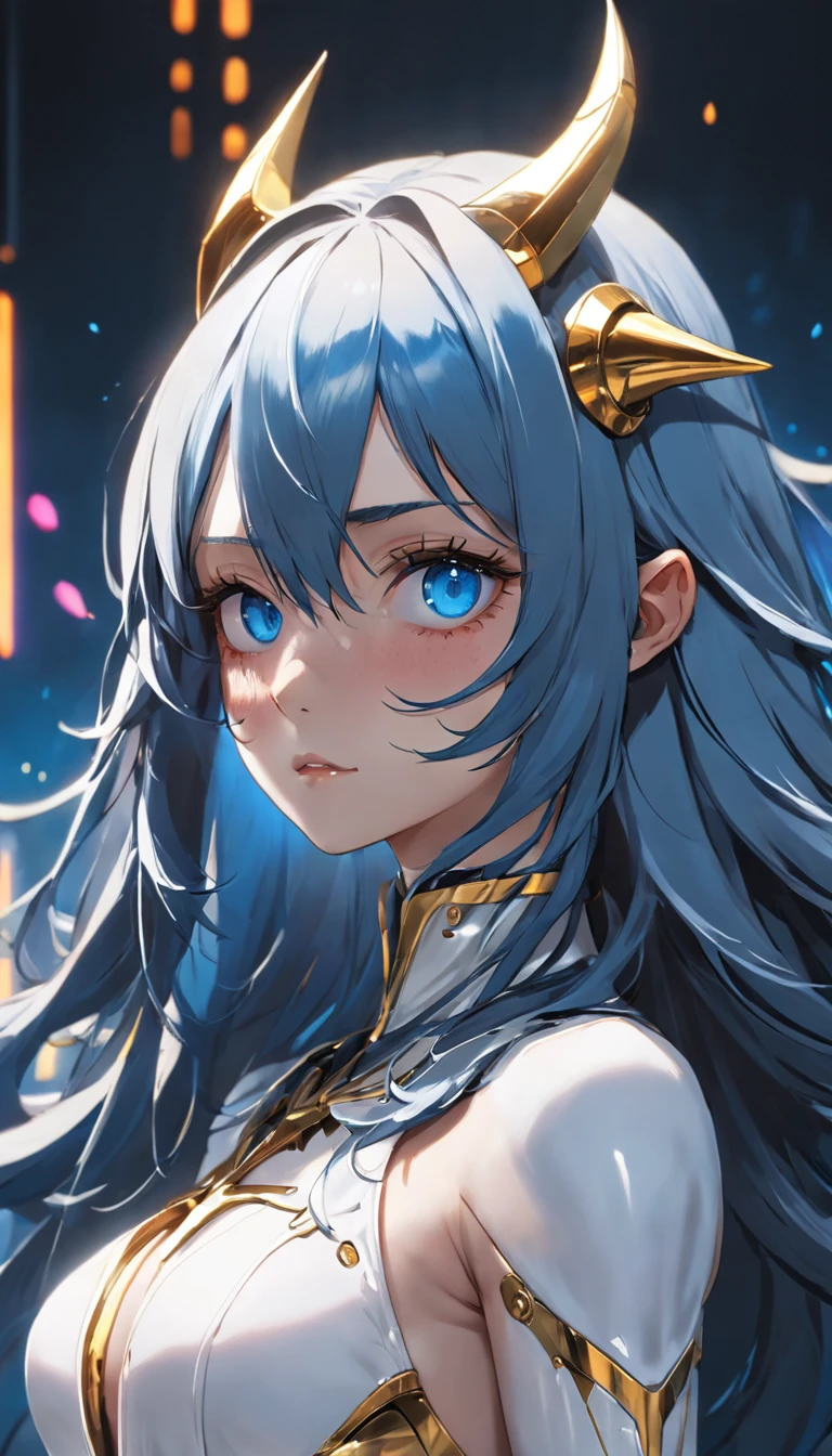 A girl with long blue hair in a white darkwave style suit with gold details and a devil mask,Estilo Darkwave,retrato de medio cuerpo,centrado,HDR,8k,hiperrealista,hermoso estudio de luz suave,detalles vibrantes,Anatomical,elegante,foco nítido,Foto de estudio,tendencias en Artstation,hiper detallado,filtro polarizador