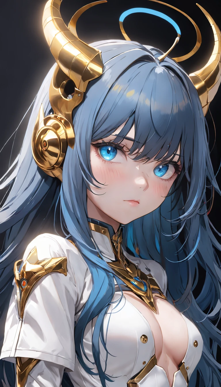 A girl with long blue hair in a white darkwave style suit with gold details and a devil mask,Estilo Darkwave,retrato de medio cuerpo,centrado,HDR,8k,hiperrealista,hermoso estudio de luz suave,detalles vibrantes,Anatomical,elegante,foco nítido,Foto de estudio,tendencias en Artstation,hiper detallado,filtro polarizador