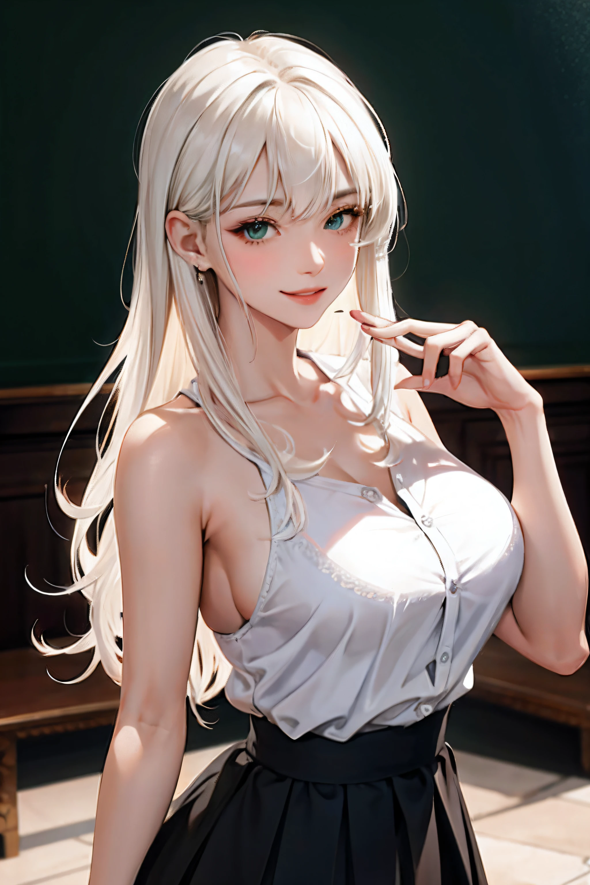 (masterpiece:1.2, best quality), (real picture, intricate details), 1lady, solo, upper body, casual, school setting, long hair, minimal makeup, natural fabrics, close-up face, smile, school, long light platinum blonde hair, bangs, hair bangs, bangs between eyes, green eyes, big breasts, big tits, big butt, skirt, cute and sexy, cute, sexy.