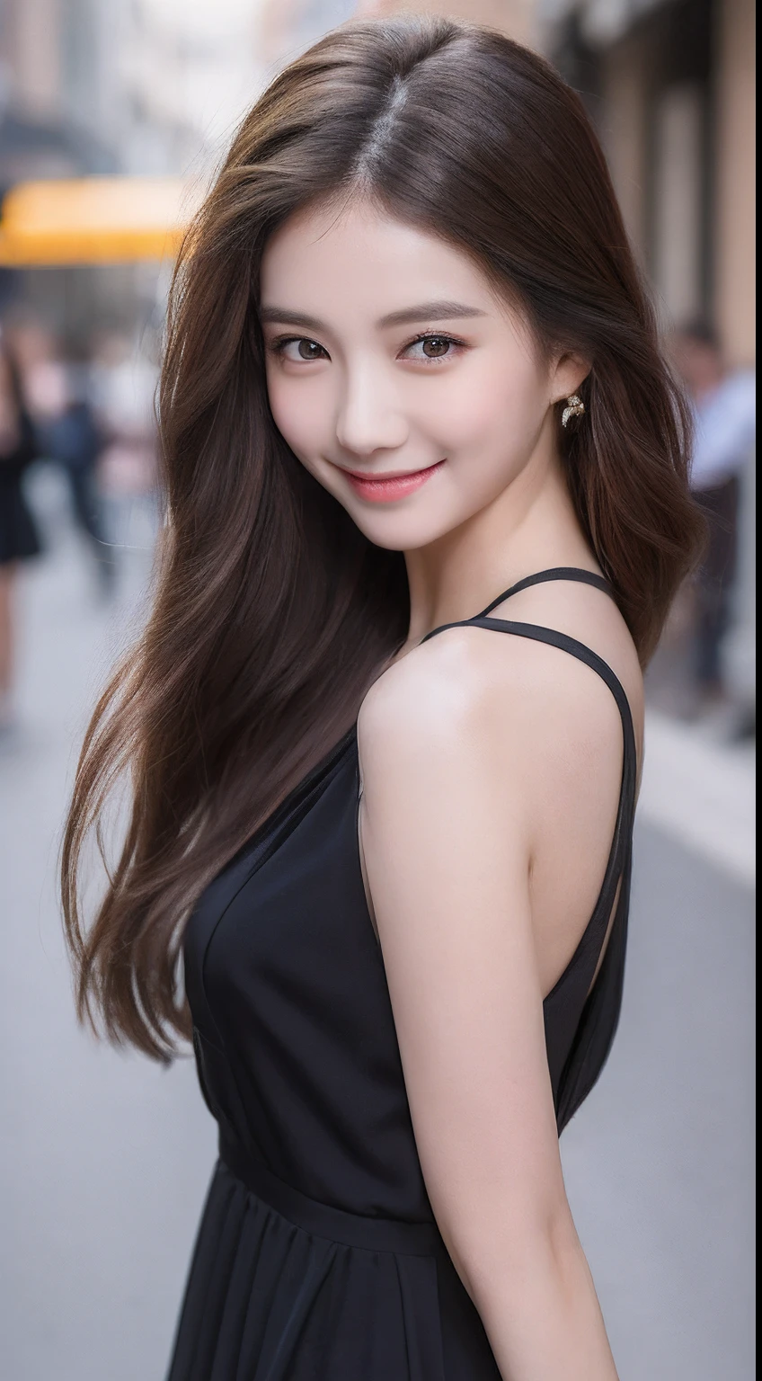 ((best quality, 8K, masterpiece :1.3)), 1 girl, Smile, whole body, face slimming, pretty Woman, (Dark brown hair), full length dress :1.1, Super detailed faces, exquisite eyes, double eyelids, blurred background, face slimming, City, External, street,