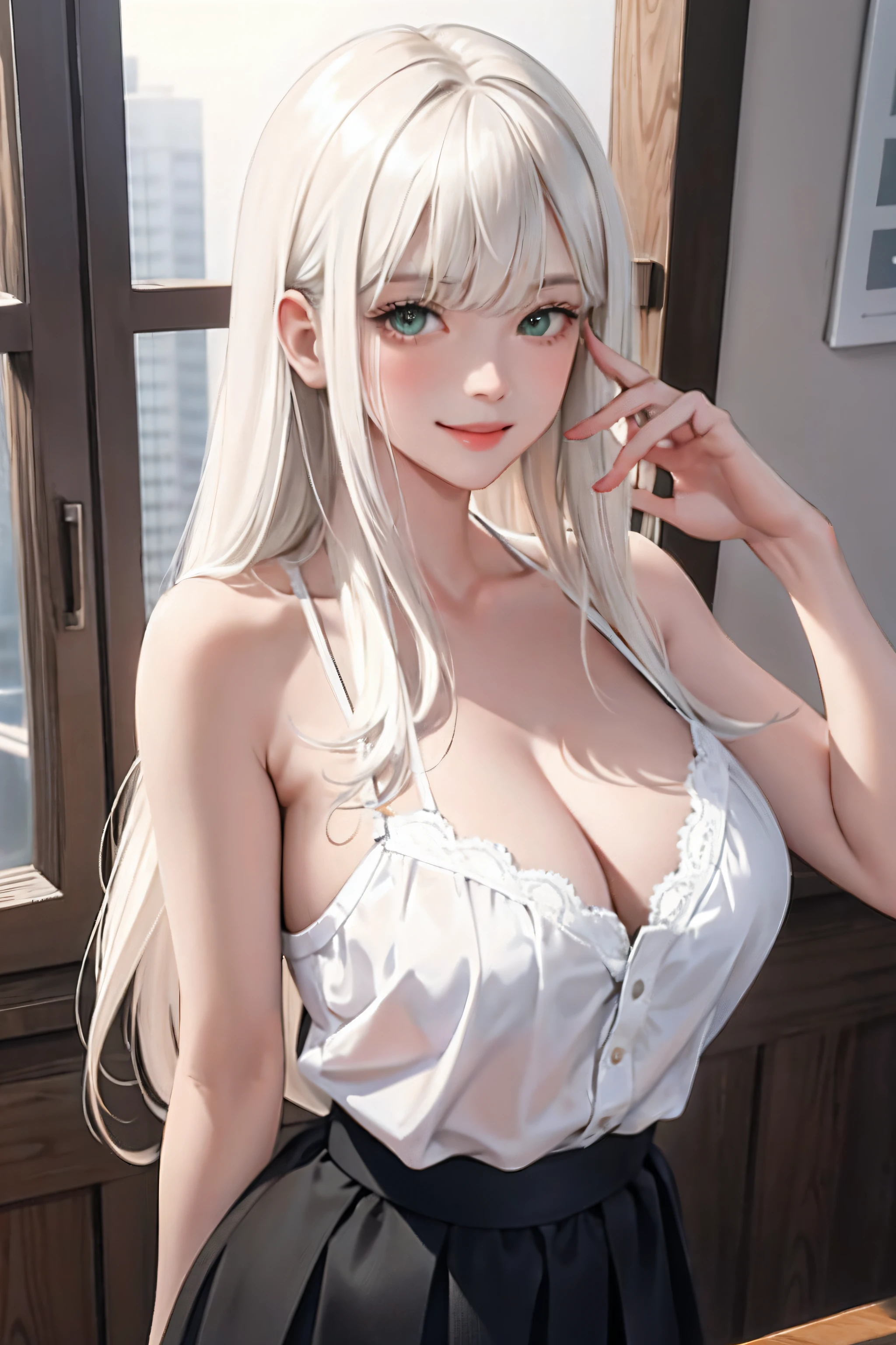 (masterpiece:1.2, best quality), (real picture, intricate details), 1lady, solo, upper body, casual, school setting, long hair, minimal makeup, natural fabrics, close-up face, smile, school, long light platinum blonde hair, bangs, hair bangs, bangs between eyes, green eyes, big breasts, big tits, big butt, skirt, cute and sexy, cute, sexy.