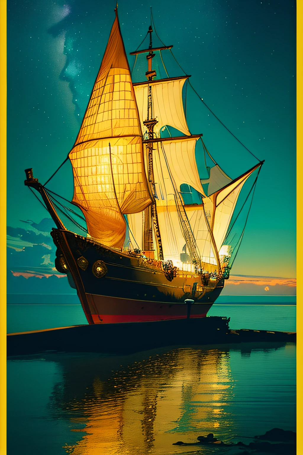extremely detailed 8k wallpaper,(highly detailed:1.1), ((masterpiece:1.1)),[anime:Impasto:0.5], intricate , fantasy,(1ship),(ocean:1.2),[golden boat:golden boat with (green fire:1.2):0.1], clear sky ,wind ,beautiful sky,(nightsky),(galaxy), (huge blood moon in the background:1.05)
