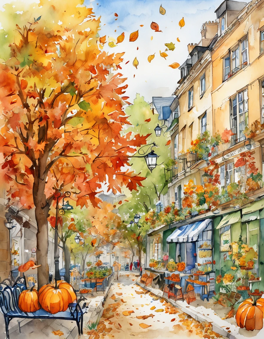 an illustration of a city with lots of colorful leaves, France, Paris, in the style of vivid comic book artist, fall, pumpkins, jack o lantern, pumpkin spice, the new york school, robert munsch, conceptual street art, cinestill 50d, naturalistic depictions of flora and fauna, playful cartoons