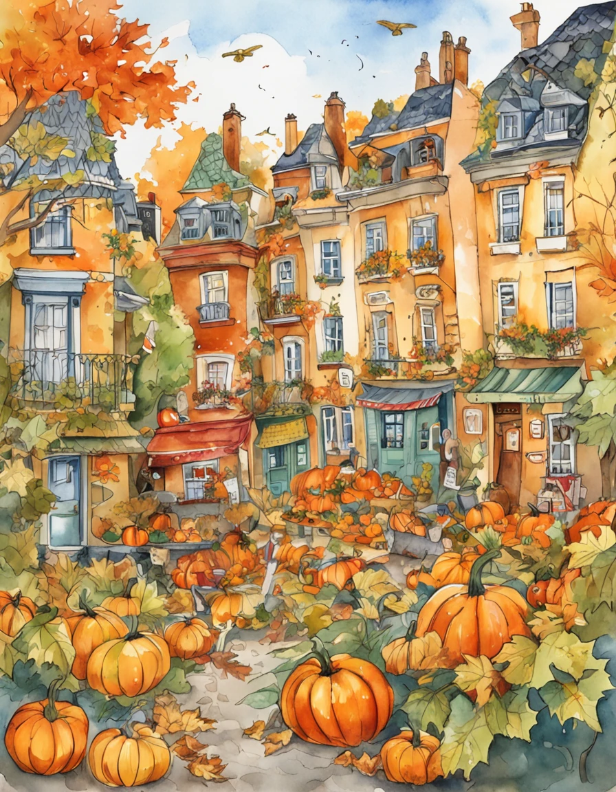 an illustration of a city with lots of colorful leaves, France, Paris, in the style of vivid comic book artist, fall, pumpkins, jack o lantern, pumpkin spice, the new york school, robert munsch, conceptual street art, cinestill 50d, naturalistic depictions of flora and fauna, playful cartoons