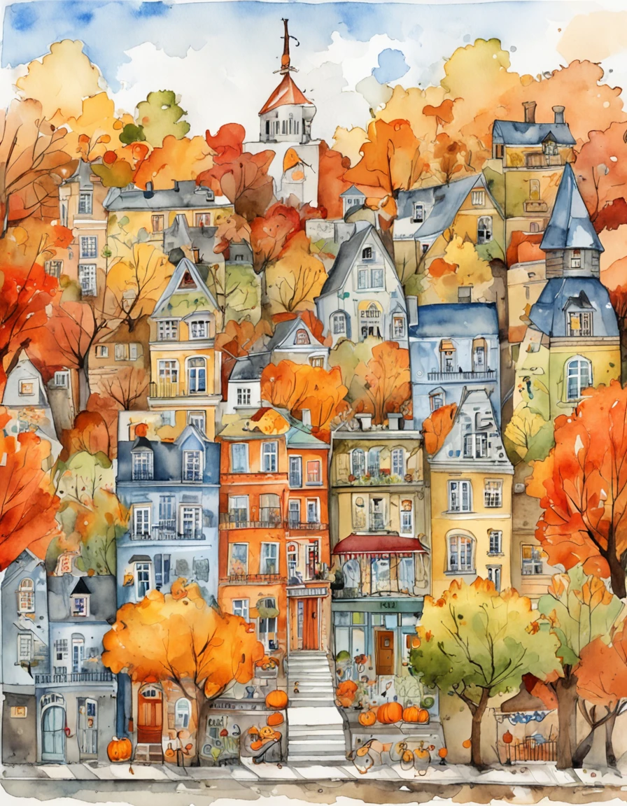 an illustration of a city with lots of colorful leaves, France, Paris, in the style of vivid comic book artist, fall, pumpkins, jack o lantern, pumpkin spice, the new york school, robert munsch, conceptual street art, cinestill 50d, naturalistic depictions of flora and fauna, playful cartoons