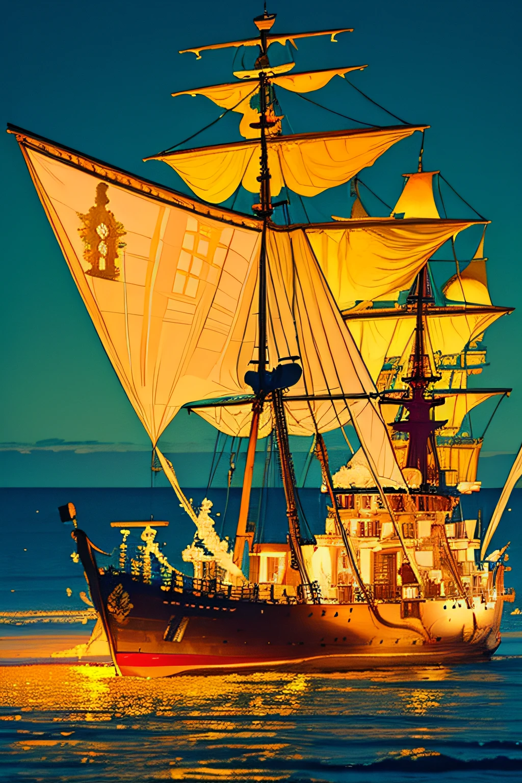 extremely detailed 8k wallpaper,(highly detailed:1.1), ((masterpiece:1.1)),[anime:Impasto:0.5], intricate , fantasy,(1ship),(ocean:1.2),[golden boat:golden boat with (green fire:1.2):0.1], clear sky ,wind ,beautiful sky,(nightsky),(galaxy), (huge blood moon in the background:1.05)