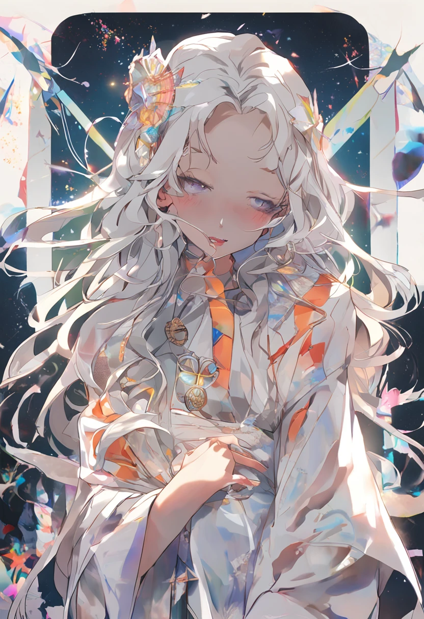 A meditative、kosmos、Spiritual world、yoga、spiritual、Zazen Girl、chakra、Sheer eyes、Mouth closed、long eyeslashes、Deities々Halo、 ((SHINES)), (colourfull), (colourfull), colourfull, colourfull, The upper part of the body, Top image quality, Top image quality, masterpiece, 独奏,, Gorgeous,length hair, the wind, (elegent: 1.3), (((masterpiece)))、(((top-quality)))、((ultra-detailliert))、((Planktonic))、((dishevled hair))、(独奏)、(1girl in)、collars、bare shoulders、white hair、beatiful detailed eyes、(colorful backdrop))))、((((a high chroma))))、