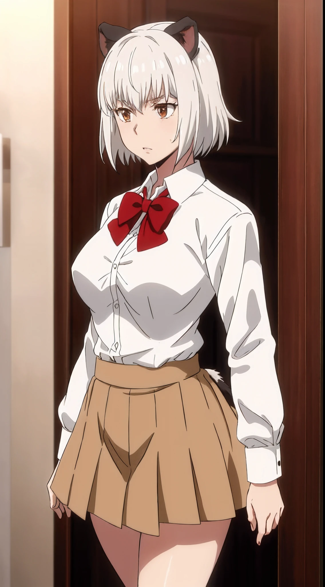 masterpiece, best quality, highres, 1girl, solo, animal ears, white hair, short hair, brown eyes, tail, large breasts, school uniform, white shirt, skirt, bowtie, red bow, standing, ((upper body))