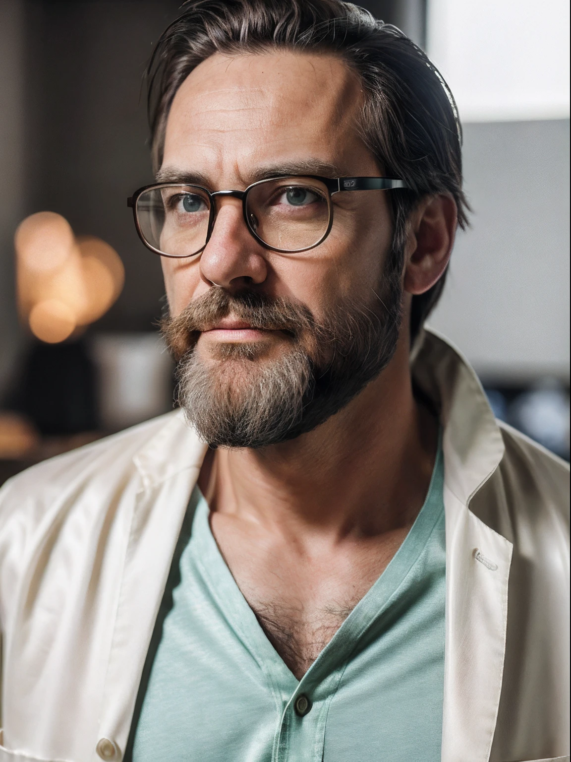 a middle-aged man a professor, detailed skin face, expression wrinkles, woodcutter-style pear beard, green eyes, wear nerd eyewear,silk tshirt inside white lab coat, stiff countenance.facing the viewer, Ultra detailed scene, dslr camera with 50mm Lens, soft studio lighting in lab