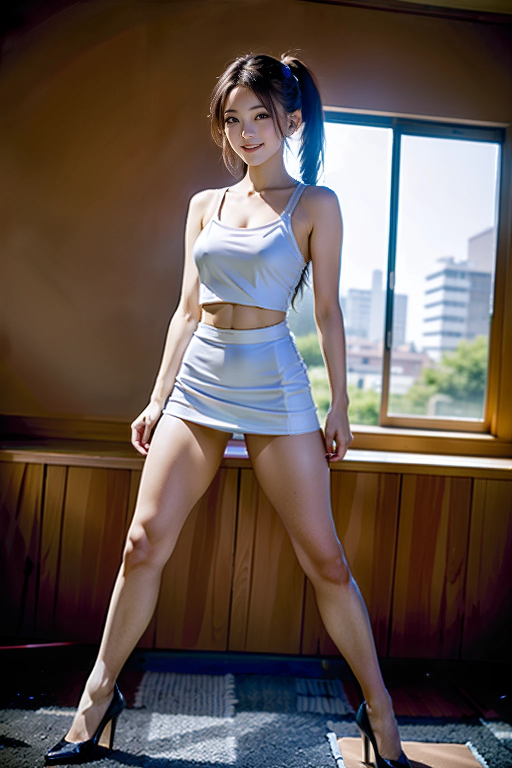 (8K、Raw photography、top-quality、masterpiece:1.2)、(realisitic、Full body posture、poneyTail、Photorealsitic:1.37)、Respectable hips、Beautiful ass、poneyTail、Tank Tops、a miniskirt、sitting,open legs,white panty、White shorts、、Panchira、ultra-detailliert、超A high resolution、1人、see the beholder、beautifull detailed face、A smile、Constriction、(Slim waist) :1.3)、The shirt、Beautiful detailed skin、Skin Texture、floated hair、profetional lighting、