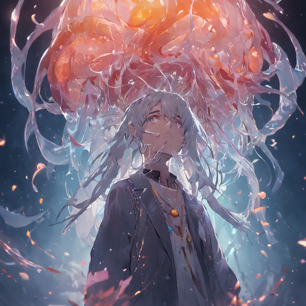 A spirit man who half-turned into a jellyfish, Unreal Engine 5, Cinematic, Color grading, Portrait photography, Ultra-wide angle, Depth of field, Hyper-detailed, beautifully color-coded, insanely details, Intricate details, beautifully color-graded, illusory engine, editorial photography , photoshoot, Shot on 70mm lense, Depth of field, degrees of freedom, 32K, Hyper-Resolution
