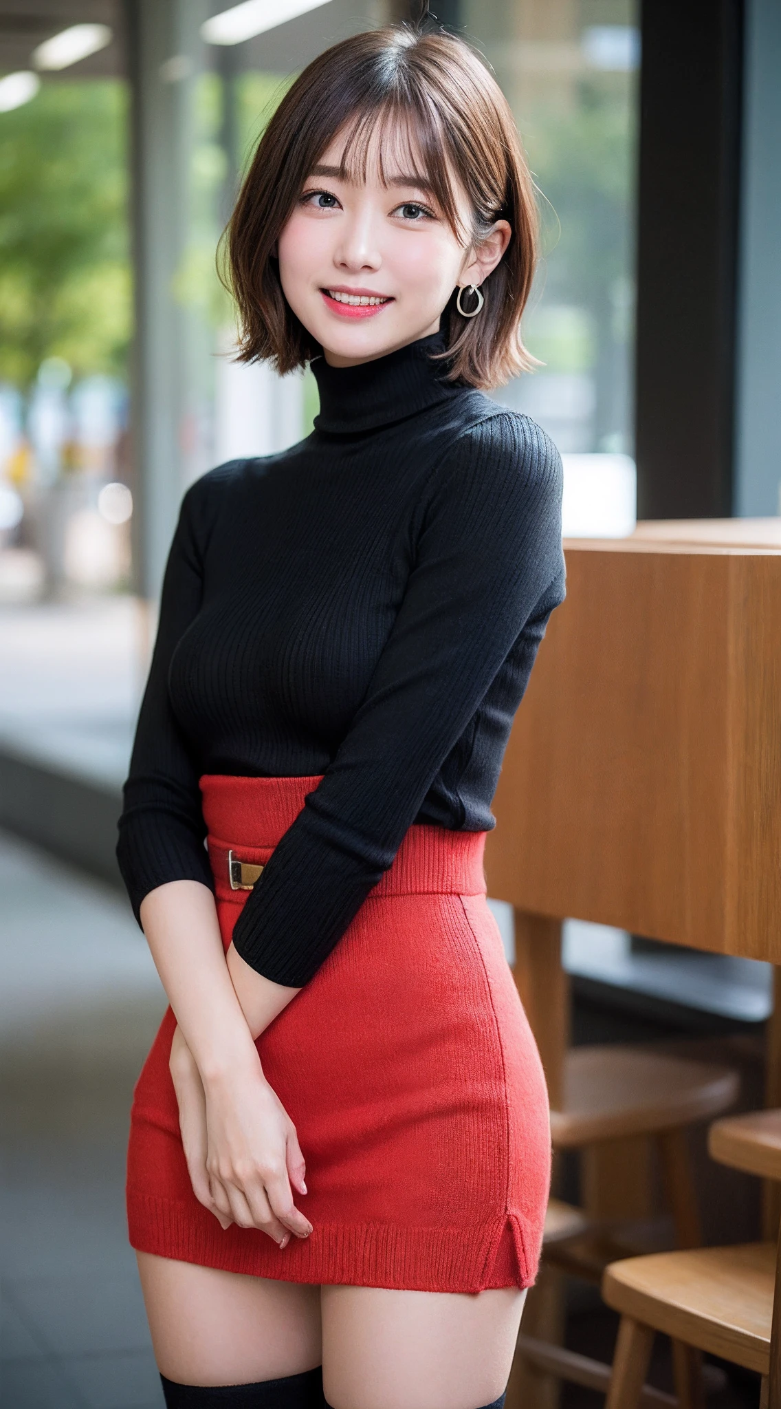 masutepiece, Best Quality, Ultra-detailed, finely detail, hight resolution, 8K, Perfect dynamic composition,In the shop、Seen from behind、(((Stick out your chest)))、(((Black Turtleneck Knit)))、((Red cheeks))、(is standing)、White mini skirt、Golden earrings、Clean thighs、Black stockings、Japan 18-year-old woman、 Beautiful detailed eyes,  Medium short hair, Natural Color Lip,F Cup Breasts、Opens mouth and laughs、bangss、Red cheeks