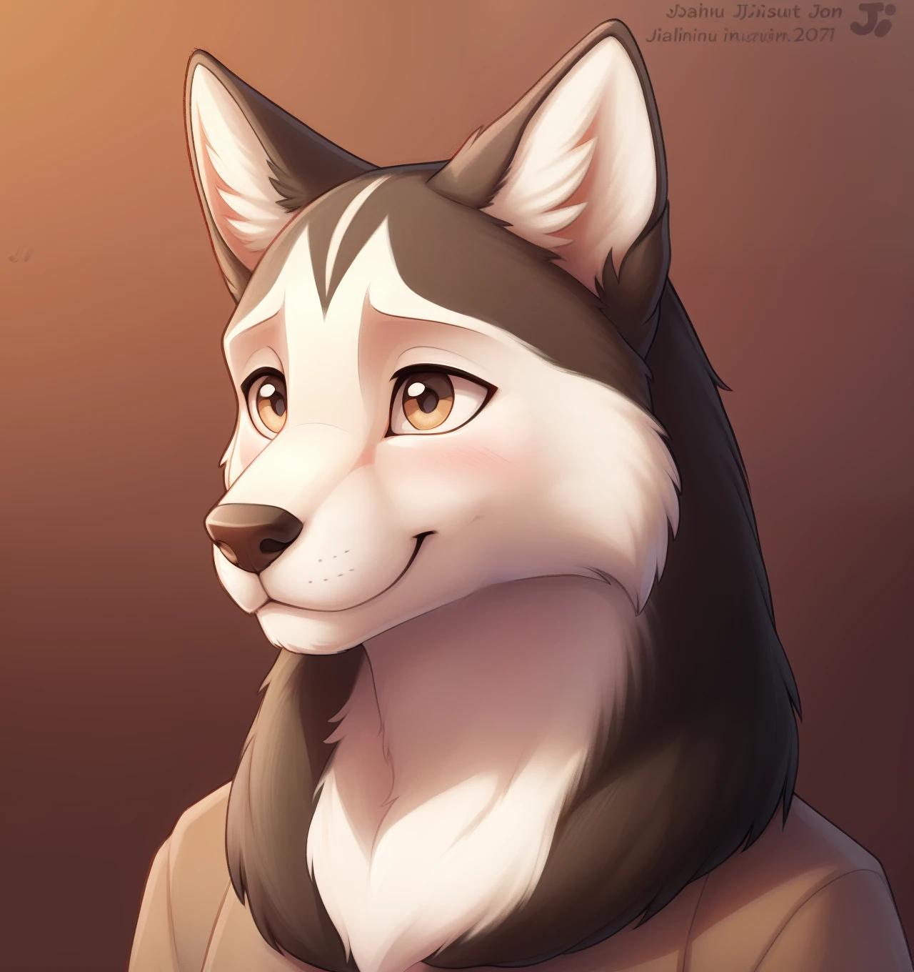 (by Jishinu:1.2), Female, Furry, Anthro, Hana Jishinu, Husky , smile, blushing, hi res, absurd res, intricate, detailed, detailed fur, detailed face, detailed eyes, simple background, symmetrical, full body, 2021