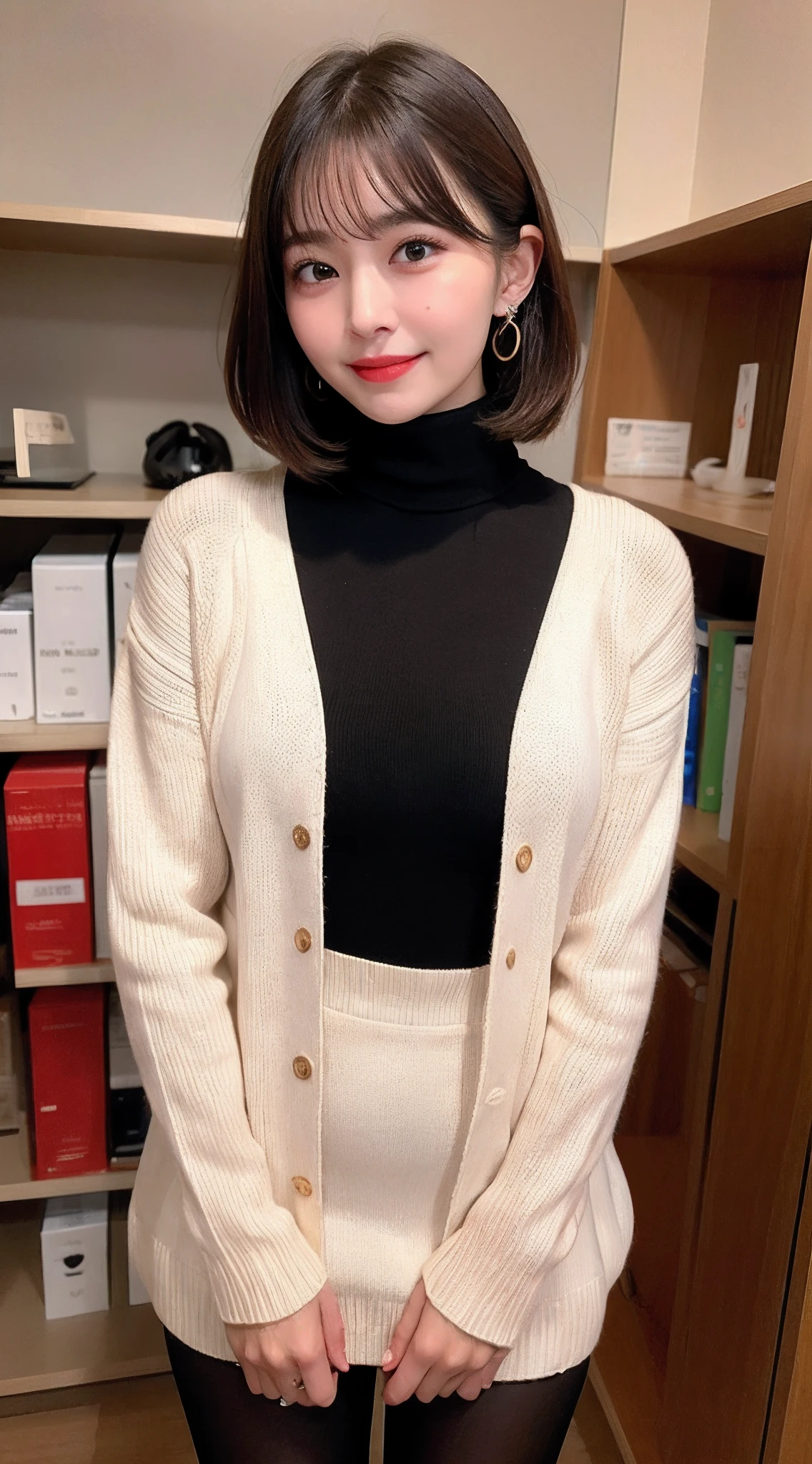 masutepiece, Best Quality, Ultra-detailed, finely detail, hight resolution, 8K, Perfect dynamic composition,In the shop、Seen from behind、(((Stick out your chest)))、(((Black Turtleneck Knit)))、((Red cheeks))、(is standing)、White mini skirt、Golden earrings、Clean thighs、Black stockings、Japan 18-year-old woman、 Beautiful detailed eyes,  Medium short hair, Natural Color Lip,F Cup Breasts、Opens mouth and laughs、bangss、Red cheeks