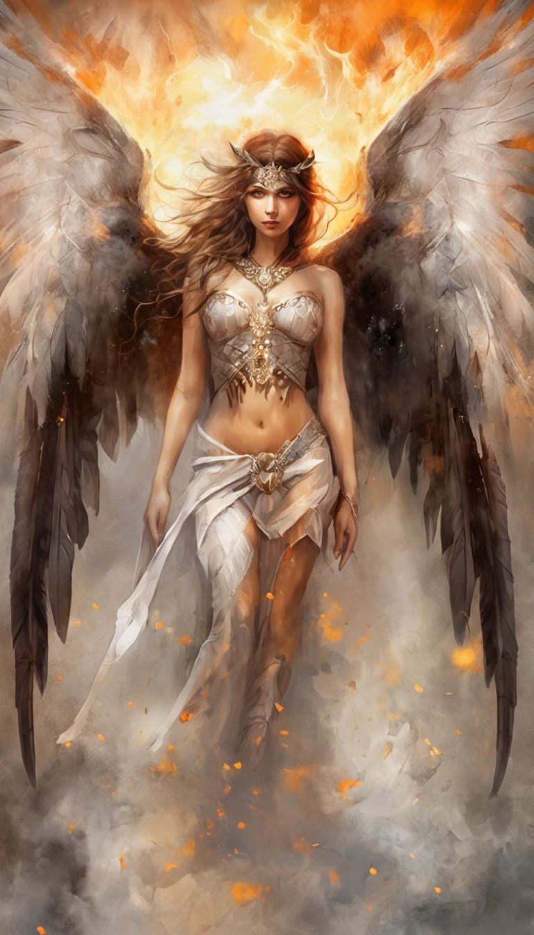 mejor calidad, obra maestra, ultra-high-resolution, (realistic photograph:1.4), surrealismo, Similar to a dream,FusionArt, Naked Female evil fallen angel with huge wings of fire lying on the ground, in an apocalyptic city in flames, staring at the camera, Magia de sombras, Control de la oscuridad, secreto, Paso de sombra, Hechizos fronterizos, Cuchilla oculta,