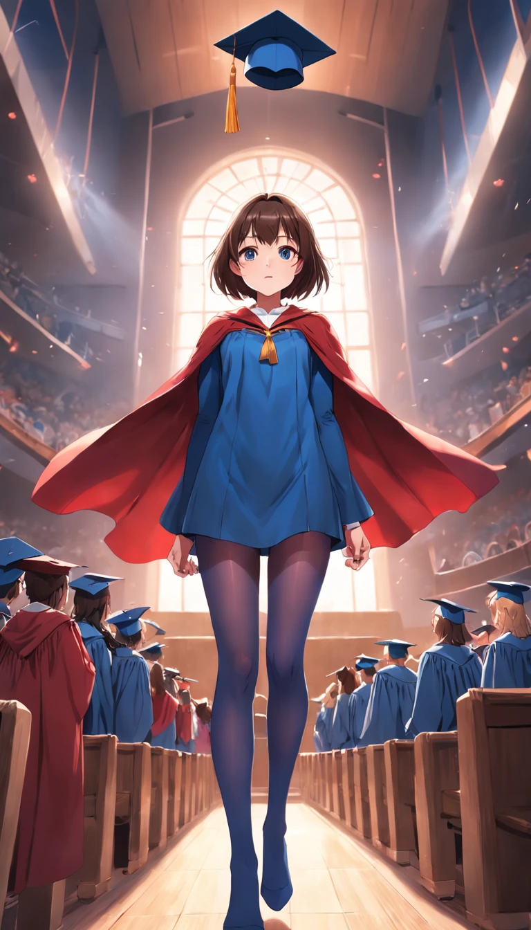 Brunette adult woman Blue tights Red cape Graduation cap A group of classmates Ultra wide angle Highest image quality