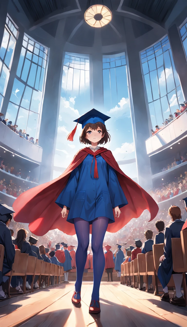 Brunette adult woman Blue tights Red cape Graduation cap A group of classmates Ultra wide angle Highest image quality