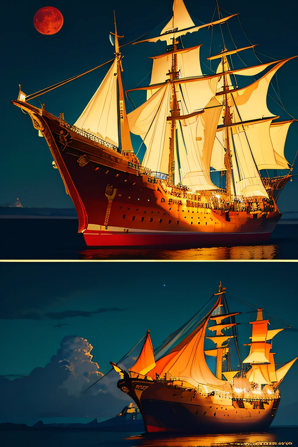 extremely detailed 8k wallpaper,(highly detailed:1.1), ((masterpiece:1.1)),[anime:Impasto:0.5], intricate , fantasy,(1ship),(ocean:1.2),[golden boat:golden boat with (green fire:1.2):0.1], clear sky ,wind ,beautiful sky,(nightsky),(galaxy), (huge blood moon in the background:1.05)