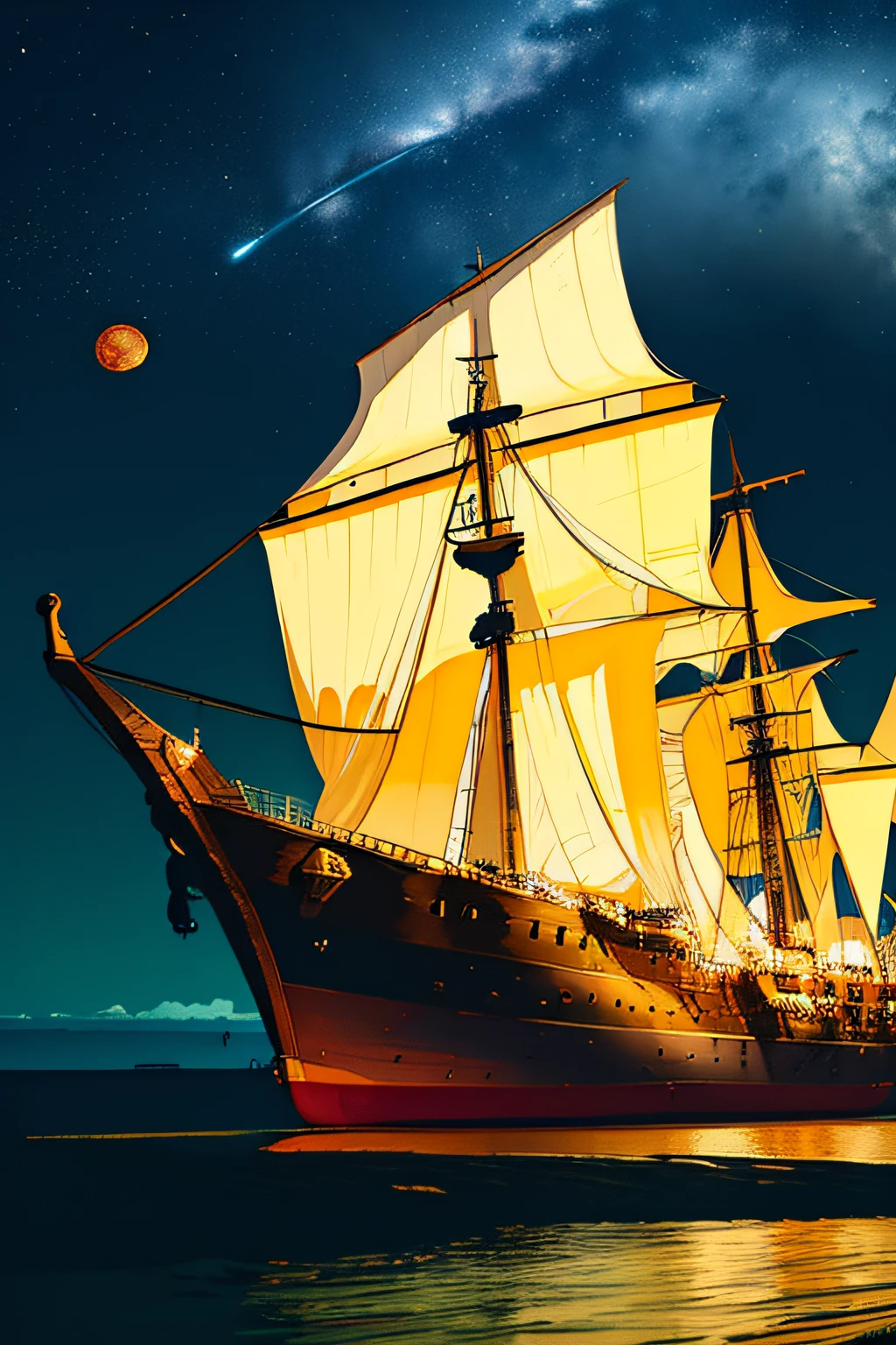 extremely detailed 8k wallpaper,(highly detailed:1.1), ((masterpiece:1.1)),[anime:Impasto:0.5], intricate , fantasy,(1ship),(ocean:1.2),[golden boat:golden boat with (green fire:1.2):0.1], clear sky ,wind ,beautiful sky,(nightsky),(galaxy), (huge blood moon in the background:1.05)