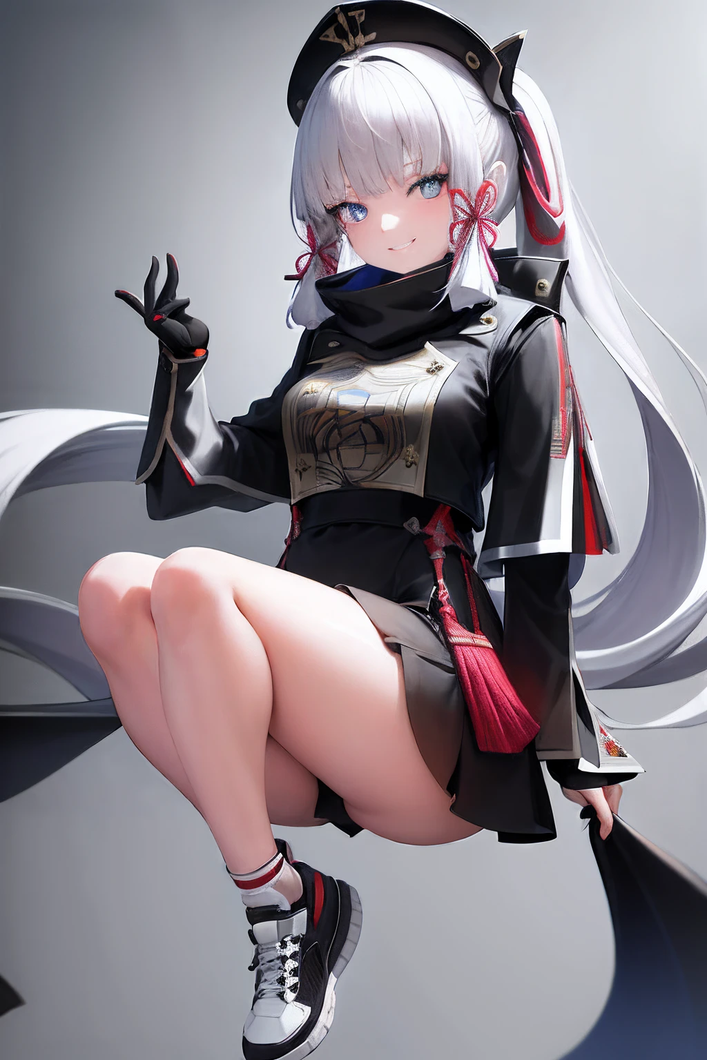 masterpiece, highres, best quality, 1girl solo, white hair, long hair, Wears a black eye patch on the left eye, wearing a long black clothes, Wearing black shorts, Using black stockings, Wearing white sports shoes, Using a red scarf, blue eyes, smile, high quality