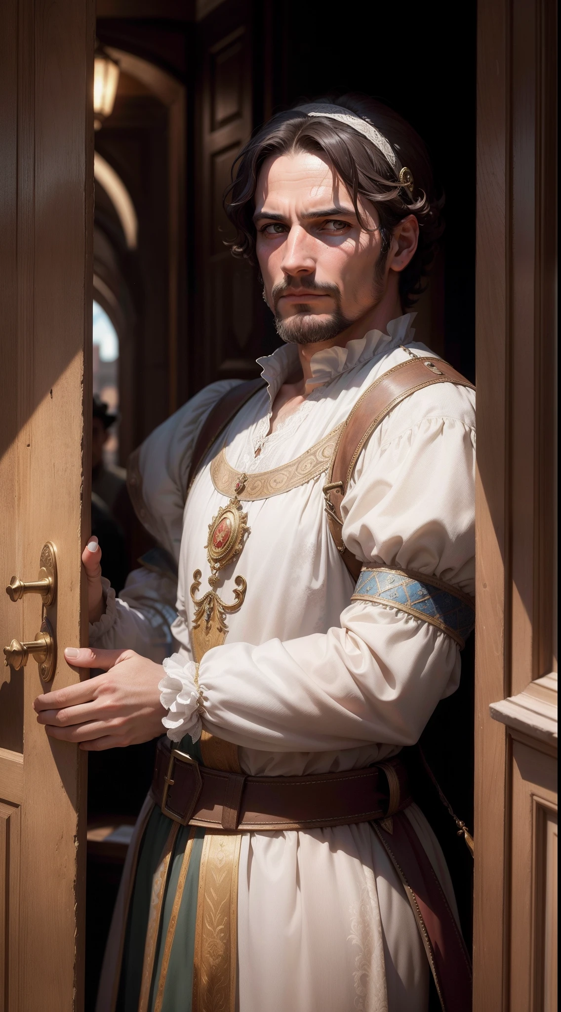 Leonardo da Camasser, Ambassador, peeping, peep, suspicious face and pose, Italian, Venetian, 16th century, renaissance, age of exploration, 36 years old, middle-aged, delicate, rich, sceptical, cynical, hostile,background is exterior 16th century Iberia merchant's street