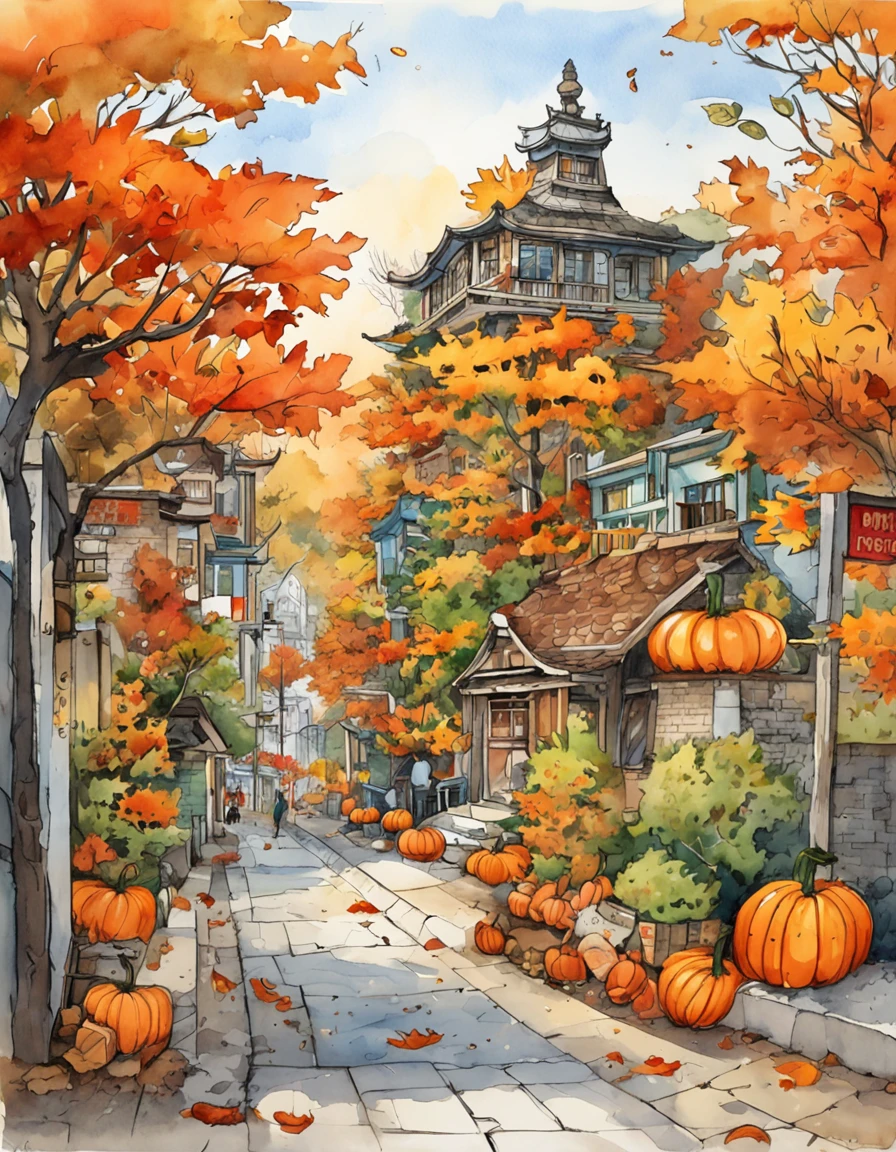 an illustration of a city with lots of colorful leaves, Korea, seoul, in the style of vivid comic book artist, fall, pumpkins, jack o lantern, pumpkin spice, the new york school, robert munsch, conceptual street art, cinestill 50d, naturalistic depictions of flora and fauna, playful cartoons