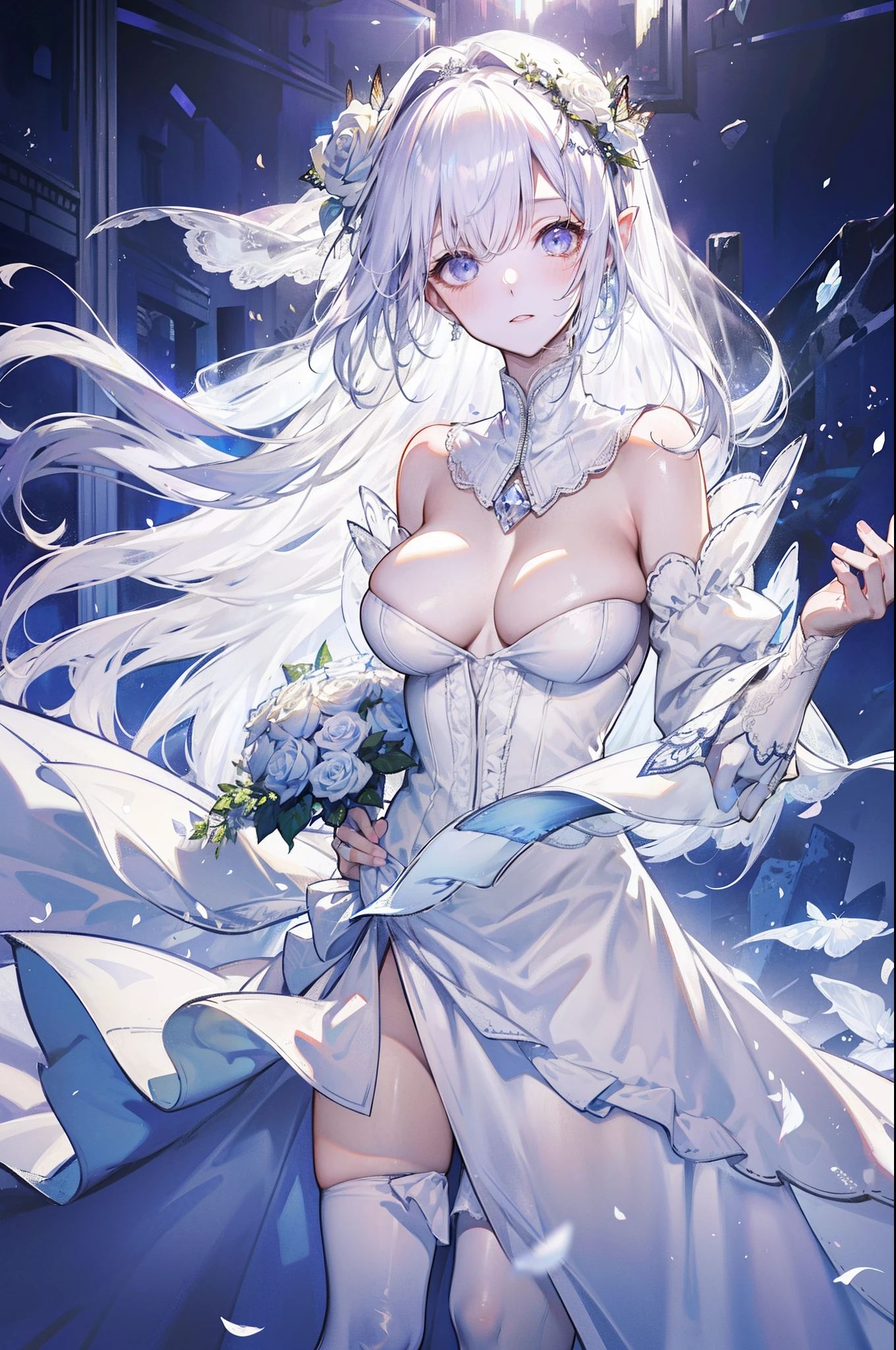silber hair,butterflys,long whitr hair,white wedding gown,8k wallpaper,detailedbackground,Highest high resolution,deep v big breasts,Hair covers one eye,Bandeau wedding dress,chies,White rose,tight-fitting,stocklings