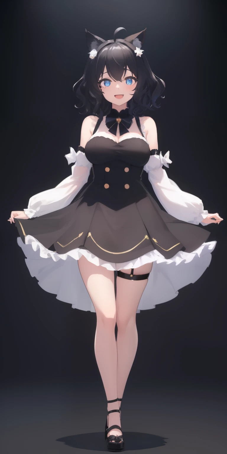 Full body, Upright, Arms at sides, Looking at Viewer, Simple background, 1girl in, Open mouth, Smile, Virtual Youtuber、girl with、、((Best Quality, high_resolution, Distinct_image)),(Black hair), (Black cat ears), (Ahoge), (absurdly short hair), (Wavy Hair), (Blue eyes),、A smile、large full breasts、