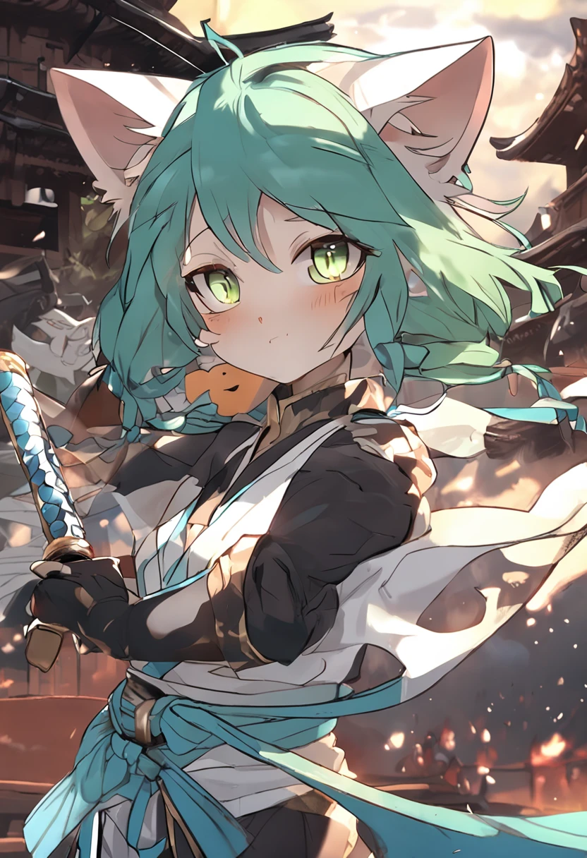 Cat-eared girl,green-eyed,Brown hair,Wear a Japanese sword,Wears light blue haori,Master of swordsmanship