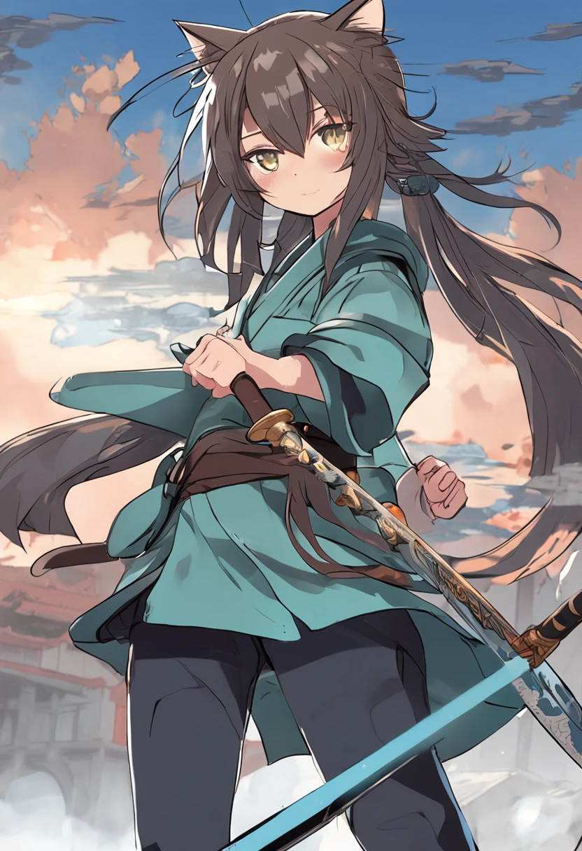 Cat-eared girl，green-eyed，Brown hair，Wear a Japanese sword，Wears light blue haori，Master of swordsmanship