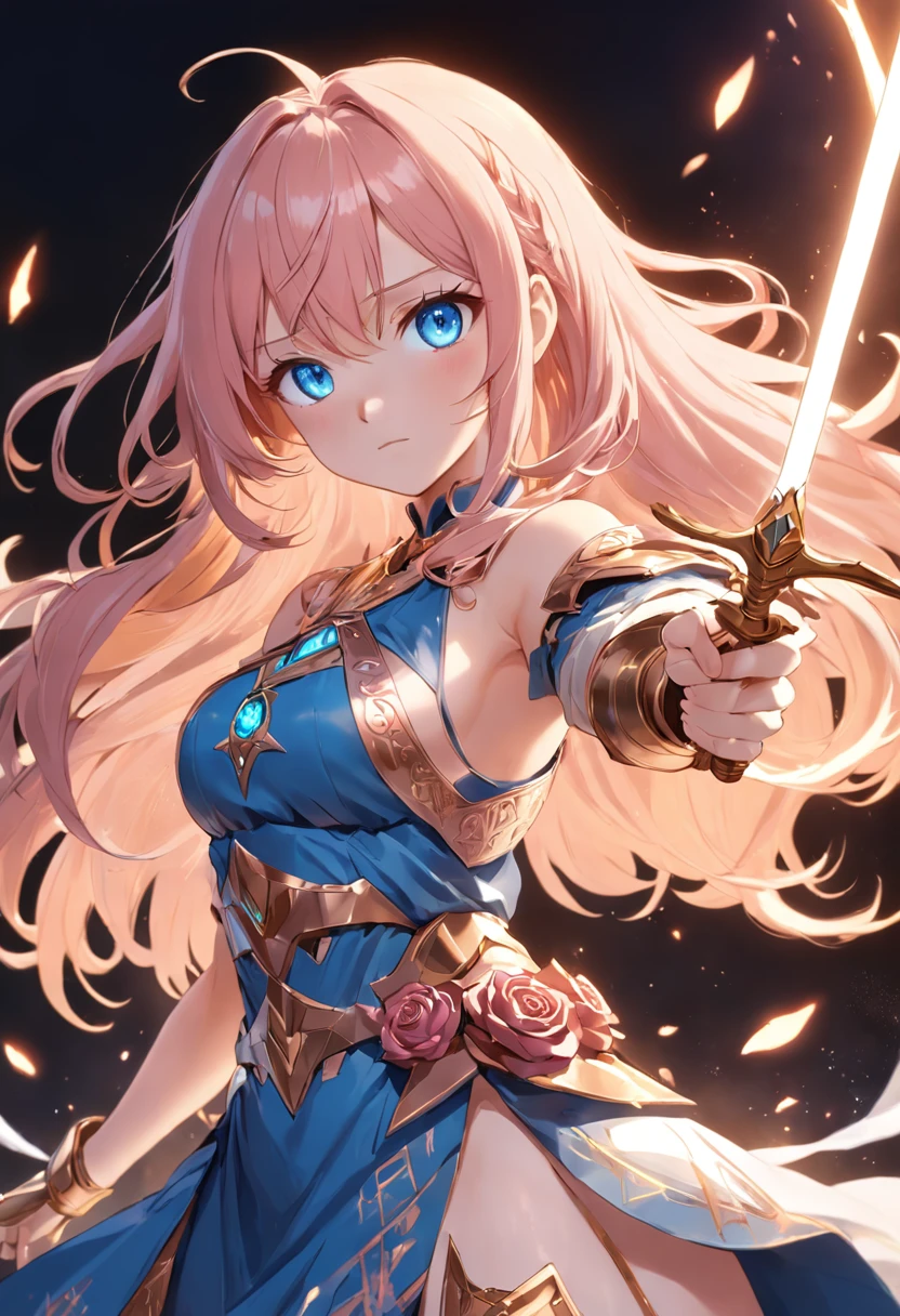 girl with blue eyes, and rose gold hair with a fantasy themed dress for adventure and combat adorned with rosegold accents with her using a magic array to summon a large golden glowing blade